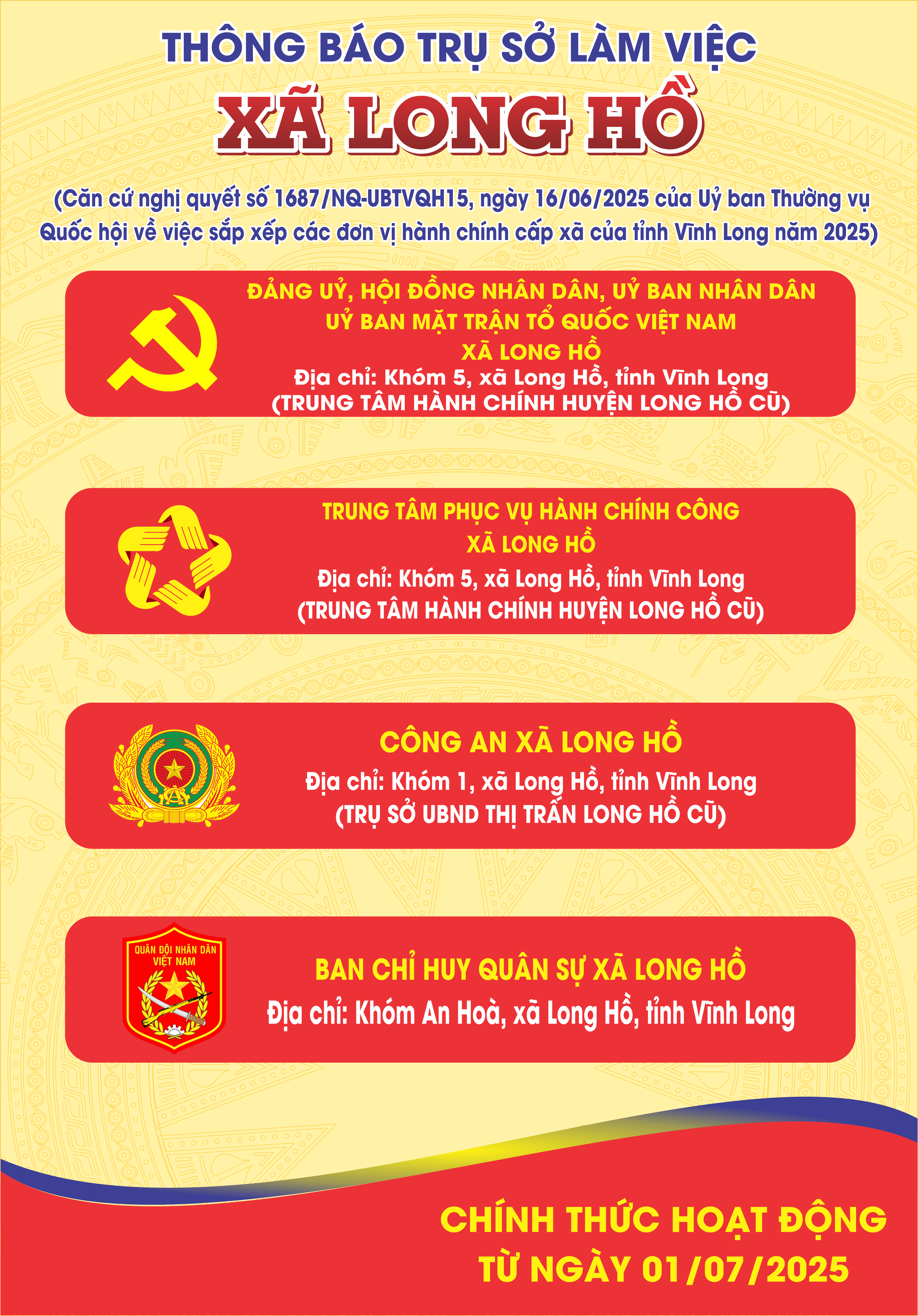 Thông báo trụ sở làm việc xã Long Hồ